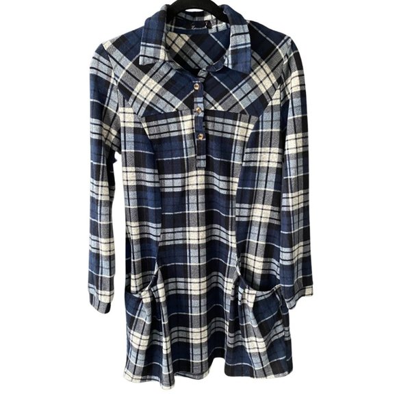 Navy Plaid Tunic Sweater W/Buttons and Collar-Pockets - Picture 1 of 10